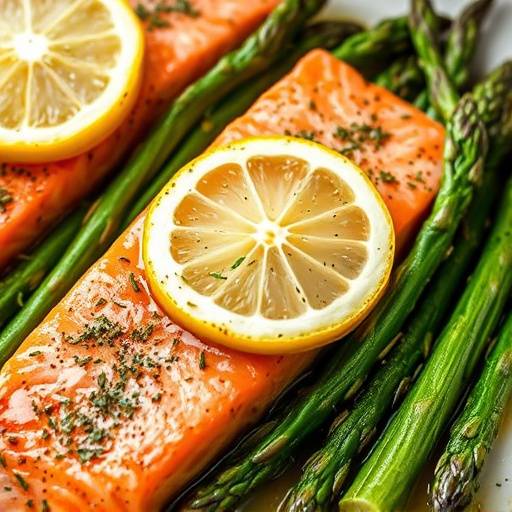 A close-up shot of baked salmon with asparagus and a lemon slice