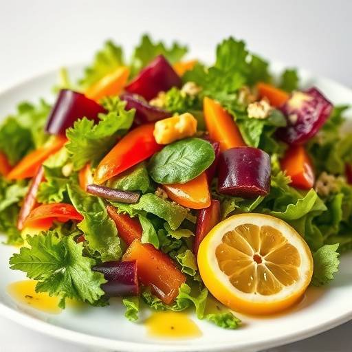 A colorful mixed salad with lettuce, tomatoes, cucumbers, and a lemon vinaigrette dressing