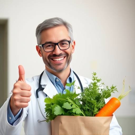 A doctor giving a thumbs-up while holding a plate of colorful vegetables.