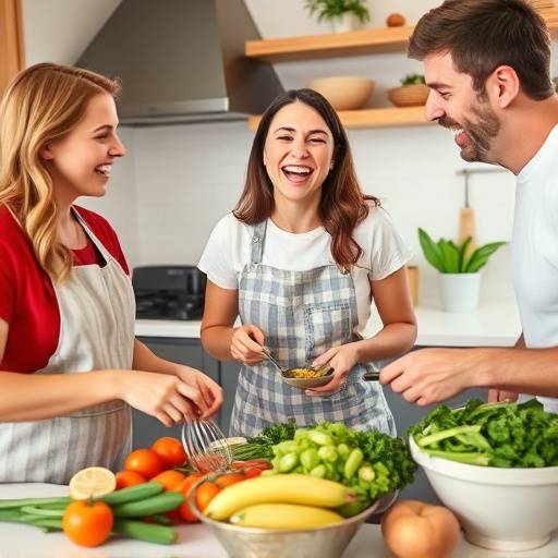 A group of friends preparing a healthy meal together