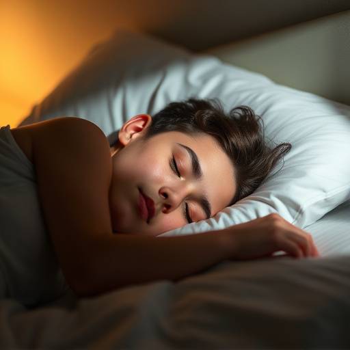A person sleeping peacefully in bed, bathed in soft light.