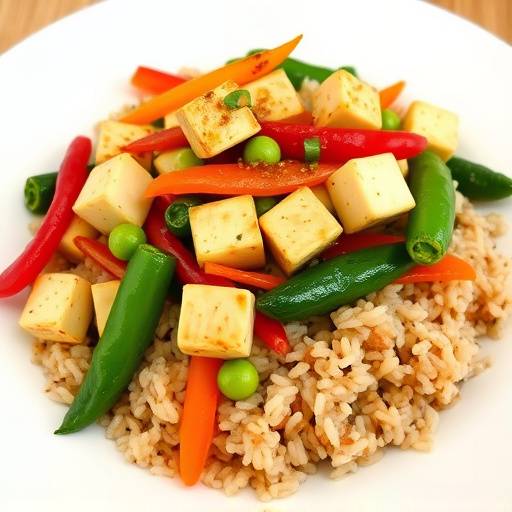 A plate of colorful vegetable stir-fry with tofu and brown rice