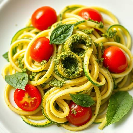 A plate of zucchini noodles (zoodles) with pesto and cherry tomatoes