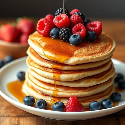A stack of whole-wheat pancakes topped with fresh berries and maple syrup