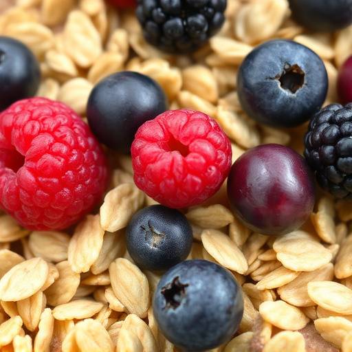 Close-up of a bowl of fiber-rich foods like oatmeal and berries.