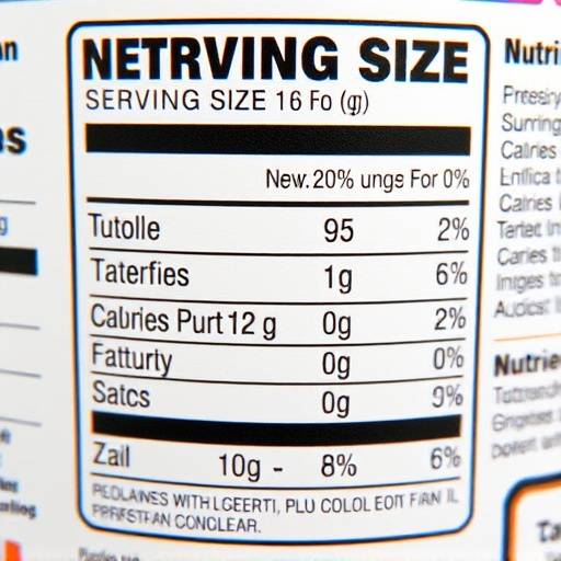Close-up of a food label, highlighting key information such as serving size, calories, and nutrients