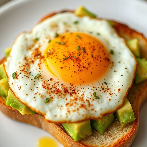 Close up of a slice of avocado toast with everything bagel seasoning and a fried egg