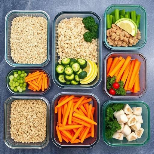 Containers filled with prepped meals, including grains, vegetables, and protein sources