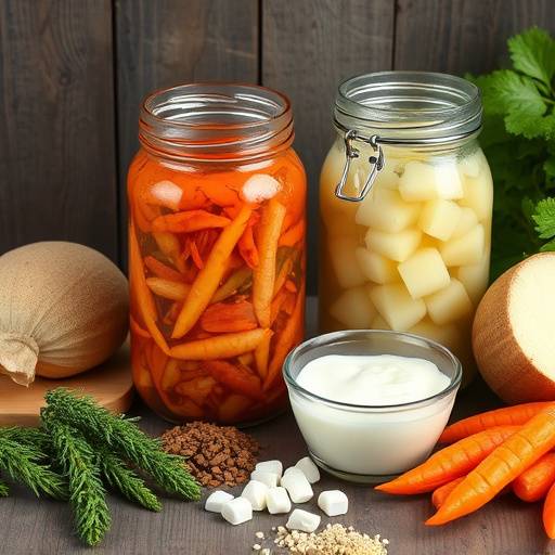 Selection of various fermented foods, including kimchi, sauerkraut, kombucha, and yogurt
