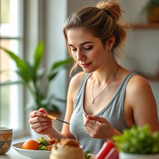 Woman practicing mindful eating, focusing on a bite of food